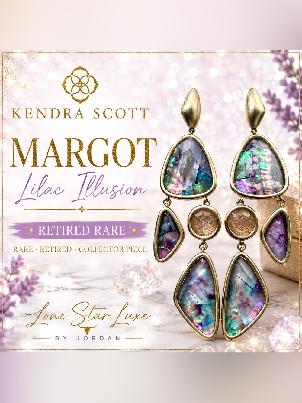 Kendra Scott Margot Earrings Lilac Illusion Gold Retired Rare HTF Chandelier